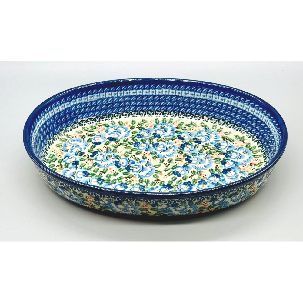 Boleslawiec Polish Pottery Oval Baking Dish Blue Floral Unikat 1739 13.5 inch